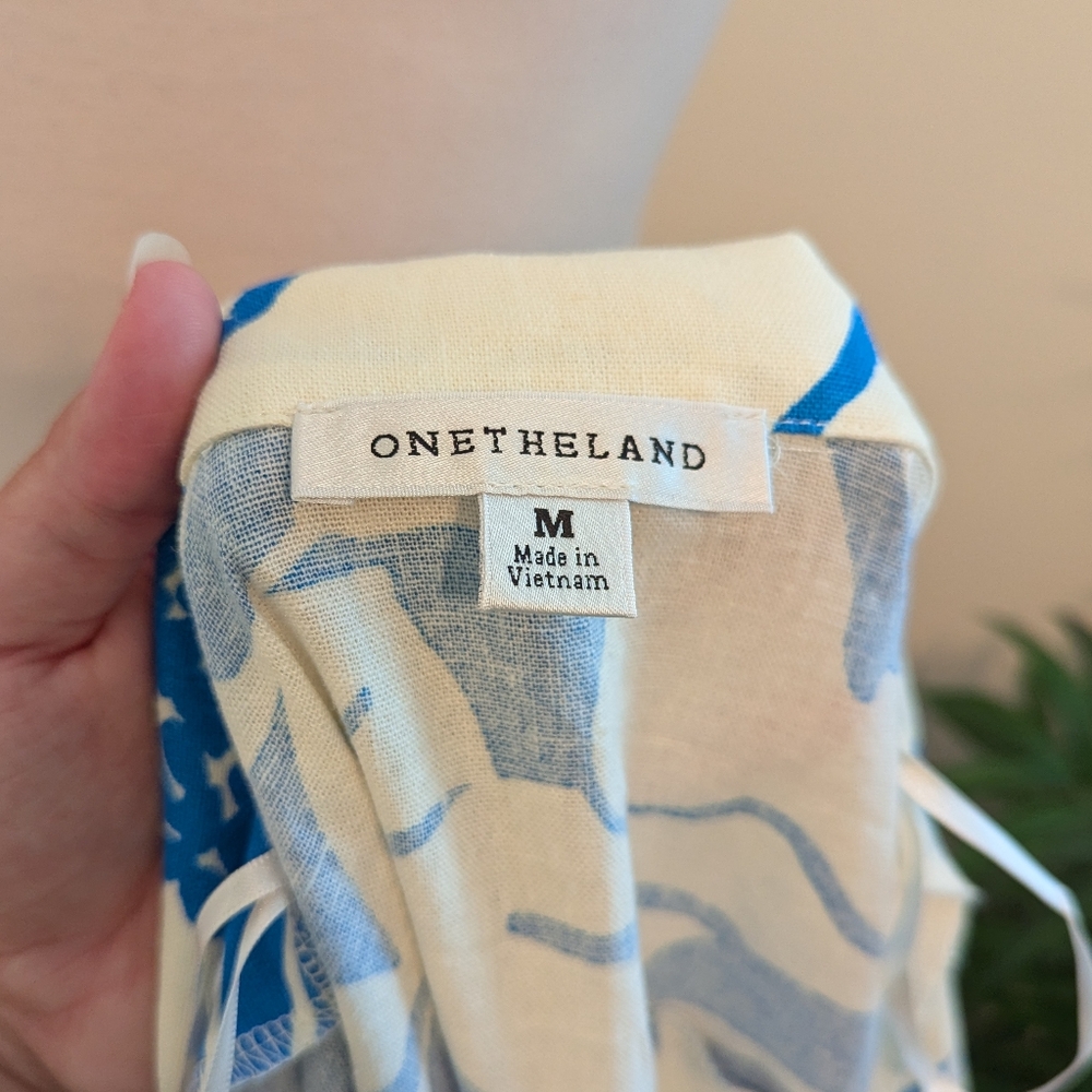 OneTheLand Tropical Floral Print Linen Button Up Mini Dress Blue White Medium - Picture 11 of 12